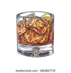 Delicious Alcohol Cocktail - Old Fashioned. Food Illustration Isolated On White.