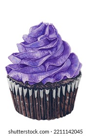 Delicious Blueberry Cream Chocolate Cake. Sweet Yummy Cupcake. Isolated Watercolor Illustration Cake On A White Background.Sugary Food. Purple Colored Butter Cream And Dark Chocolate.