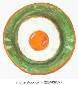 Delicious Breakfast. Tasty Fried Egg On A Beautiful Green Plate. Watercolor Gouache Illustrations. Quick Sketching.