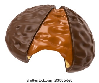 A delicious chocolate covered biscuit with caramel sauce. 3d illustration