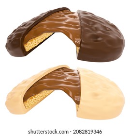 A delicious chocolate covered biscuit with caramel sauce. White and milk chocolate coated set. 3d illustration
