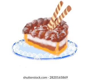 Delicious Chocolate Layer Cake Slice with Wafer Rolls Illustration Isolated on White Background. A detailed digital painting of a delicious chocolate layer cake slice topped with whipped cream, cocoa powder, and two striped wafer rolls. Presented on a textured blue plate with a clean white background, perfect for bakery logos, dessert menus, food blogs, or graphic design projects.