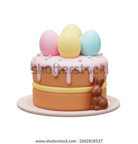 Delicious Easter cake adorned with pastel eggs and chocolate bunny, bringing festive cheer Perfect for holiday-themed design or social media posts.