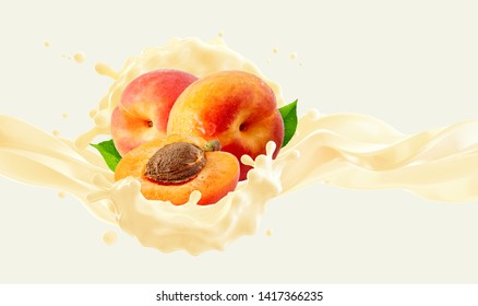 Delicious fresh apricots fruit yogurt 3D splash wave with ripe apricots and apricot half. Label, banner advertising element with greek yogurt, cream, smoothie, milk, apricots or peaches. Clipping path