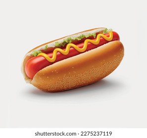 Delicioso perrito caliente con lechuga y salsa, pancarta y burla aislado en el fondo. 3d ilustración de hot dog, romper el diseño 3d de comida rápida aislado en fondo blanco abstracto.