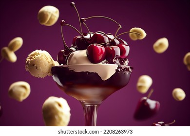 Delicious Ice Cream Sundae With Glistening Cherries And Chocolate Syrup In A Bowl, Food Photography And Illustration