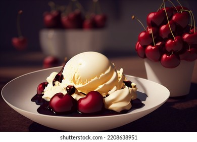 Delicious Ice Cream Sundae With Glistening Cherries And Chocolate Syrup In A Bowl, Food Photography And Illustration