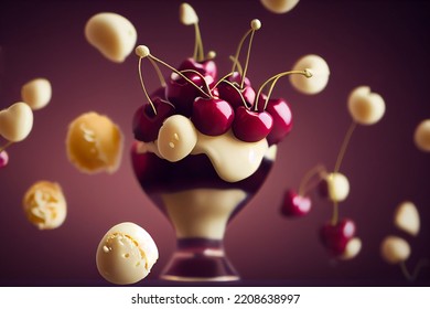 Delicious Ice Cream Sundae With Glistening Cherries And Chocolate Syrup In A Bowl, Food Photography And Illustration