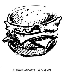 Delicious Juicy Burger. Sketch Illustration