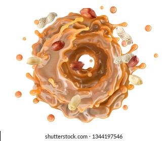 Delicious Liquid Creamy Peanut Butter Swirl Splash With Peanuts, Twisted. Yummy Crunchy Peanut Butter Spread And Peanuts Whirlpool Advertising Design Template, Isolated On White. Clipping Path. 3D