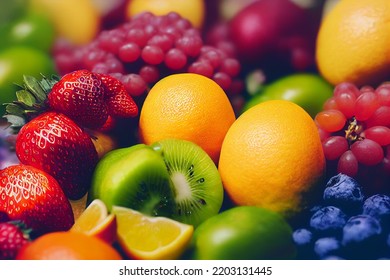 Delicious mixed fresh fruit oranges strawberries  kiwis grapes 3d illustration - Powered by Shutterstock