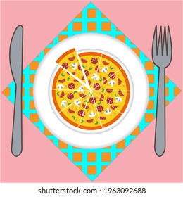 Delicious pizza. Slice of mushrooms, tomatoes, cheese, onions and salami. Delicious snacks concept. Serving with a knife and fork. - Powered by Shutterstock