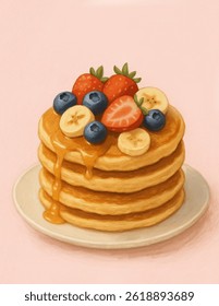A delicious stack of fluffy pancakes topped with fresh strawberries, blueberries, and banana slices, drizzled with golden syrup. 