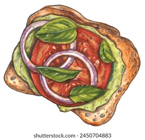 Delicious toast with tomato, onion, avocado and greens. Illustration isolated on white. - Powered by Shutterstock