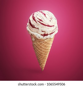 Delicious Vanilla Ice Cream With Chocolate Crumbs And Raspberry Jam In Waffle Cone Isolated On Pink Background. 3D Illustration