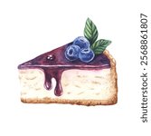 Delicious watercolor blueberry Cheesecake. Hand drawn illustration isolated on white. For restaurant, cafe, menu, web, food, dessert