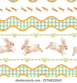 A delightful Easter-themed pattern featuring whimsical bunnies, vibrant carrots, and playful wavy stripes. The charming green checkered background is adorned with whimsical ribbon bows.