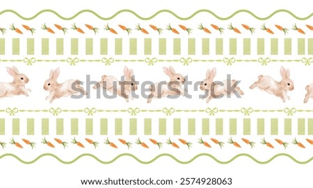 A delightful Easter-themed pattern featuring whimsical bunnies, vibrant carrots, and playful wavy stripes. The charming green checkered background is adorned with whimsical ribbon bows.