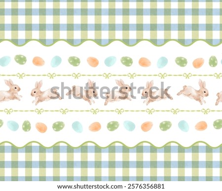 A delightful Easter-themed pattern featuring whimsical bunnies, vibrant carrots, and playful wavy stripes. The charming green checkered background is adorned with whimsical ribbon bows.