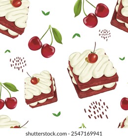 Delightful seamless pattern featuring cherry-topped red velvet cakes, fresh cherries, and decorative sprinkles, perfect for bakery-themed designs and food illustrations.