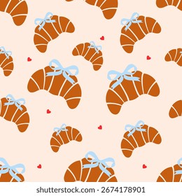 A delightful seamless pattern featuring hand-drawn croissants with blue bows and small red hearts on a light, warm background. Perfect for charming bakery themes.