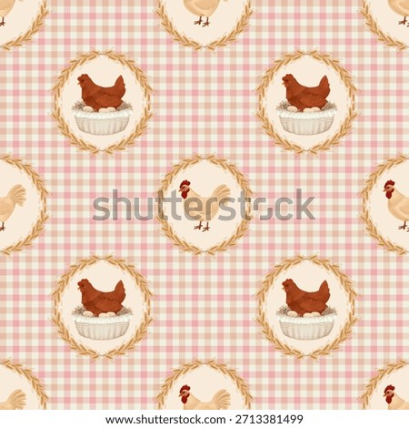 A delightful seamless pattern featuring hens and chickens inside oval wheat wreaths, repeated over a soft pink and beige checkered gingham background.