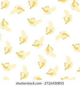 A delightful seamless pattern featuring multiple peeled bananas scattered across a clean white background, perfect for food-related designs.