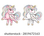 A delightful vector set featuring two standing baby unicorns in pink and white color variants with lush pastel rainbow manes, golden glitter horns, and sparkling hooves. Perfect for creating custom birthday decor, kids