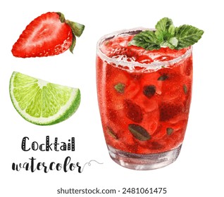 Delightful watercolor of a strawberry lime cocktail, perfect for a refreshing summer drink - Powered by Shutterstock