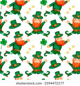 Delightfully Whimsical Pattern Featuring Leprechauns and Shamrocks for Celebrating St. Patricks Day