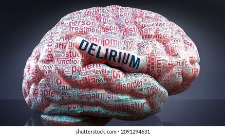Delirium in human brain, hundreds of crucial terms related to Delirium projected onto a cortex to show broad extent of the condition and to explore concepts linked to it, 3d illustration