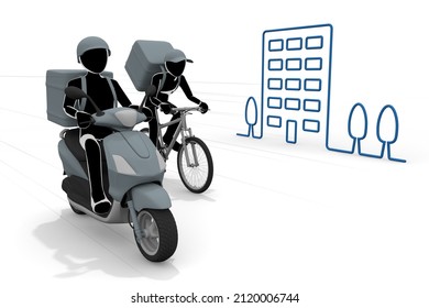 Delivered by bicycle. Deliver food by motorcycle. A person who works as a courier. Delivery part-time job. 3D rendering