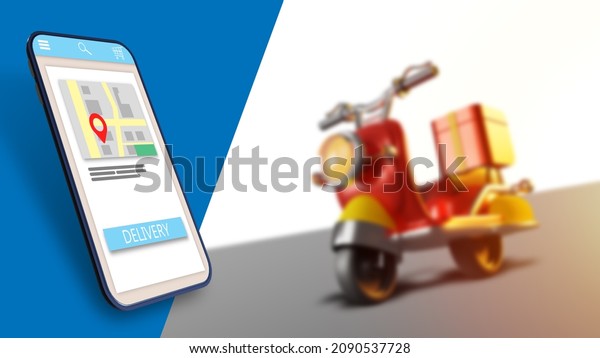 Delivery app interface and\
scooter. Tracking courier position on smartphone. Courier route on\
app. Calling courier through application. Delivery map in mobile\
phone. 3d\
image.