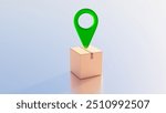 Delivery box. Cardboard parcel with geotag. Box for courier service. Delivery of goods from online store. Box from postal service. Parcel from cargo delivery company. Logistics, shipment. 3d image