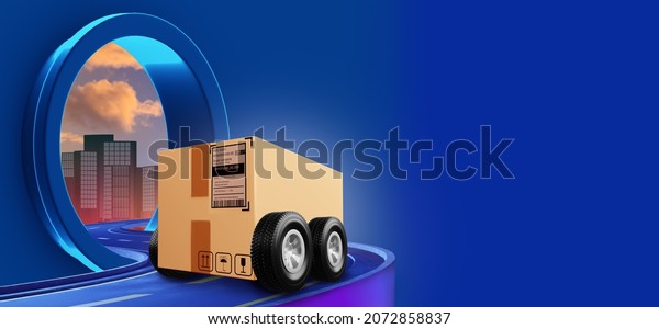 Delivery box on blue background. Cardboard package on auto wheels. Delivery box with courier sticker. Place for your text. Transportation of goods. Courier company logistics. 3d image.