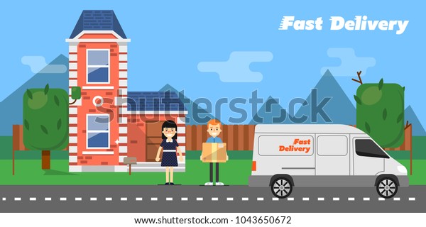 Delivery boy giving cardboard box to young woman\
near house on background of nature landscape. Fast delivery banner,\
 illustration. Commercial vehicle. Professional and reliable\
courier service