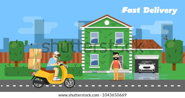 Delivery\
boy on scooter with cardboard boxes near house of customer on\
background of urban landscape. Fast delivery banner,  illustration.\
Commercial vehicle. Motorcycle courier\
service