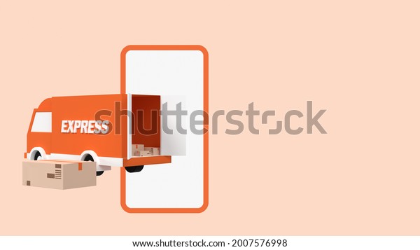 Delivery car with paper box and smartphone.\
Delivery car service concept. Online shopping, trendy 3d\
illustration, 3d\
rendering.