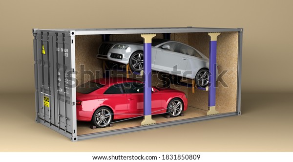 delivery of cars from auctions Cars loaded\
into a shipping container 3d render\
image