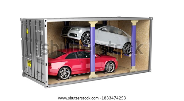 delivery of cars from auctions\
Cars loaded into a shipping container 3d render on white no\
shadow