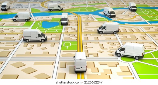 Delivery Comercial Vans On City Map. Fleet Of Delivery Service. 3d Illustration