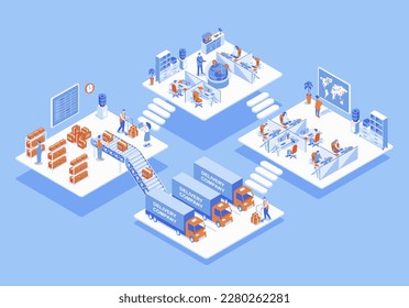 Delivery company concept 3d isometric web scene with infographic. People work in logistics department, workers loading boxes in warehouse for shipping. Illustration in isometry graphic design - Powered by Shutterstock