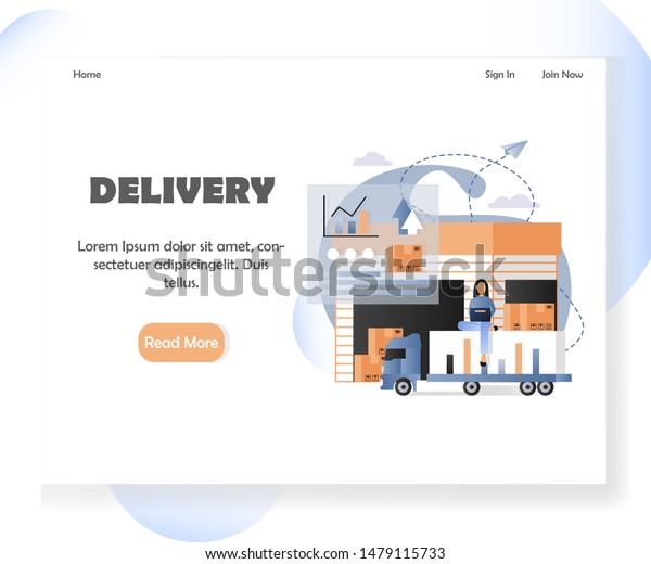Delivery company landing page template.\
illustration of warehouse, female sitting on delivery truck with\
bar diagram, parcels. Worldwide delivery concept for website,\
mobile site\
development.