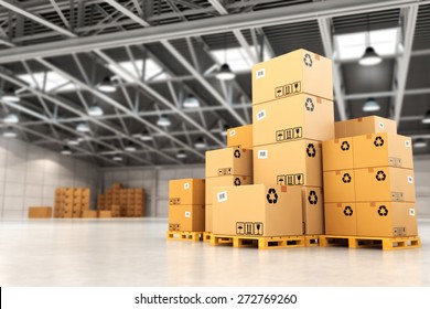Delivery concept. Boxes on pallet in the warehouse. 3d