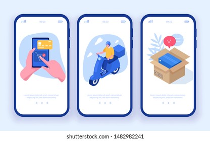 Delivery concept templates for mobile app page. Can use for web banner, infographics, hero images. Flat isometric modern illustration.