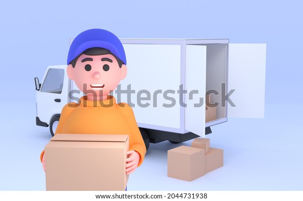 Delivery courier with package box stand near\
truck. Modern 3d\
render