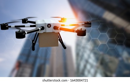 Delivery Drone Used To Transport Packages Fly On City Background Blurred, Technology Society 5.0 And Smart City Communication Network 5g Concept.sustainability & Environmental Harmony.3d Rendering.