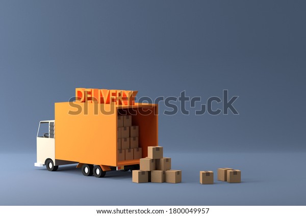 Delivery of goods by truck. Unloading of\
goods in cardboard boxes. Stacks of cardboard container and truck\
3d render\
illustration