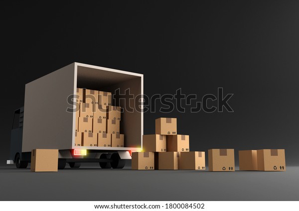 Delivery of goods and\
parcels in a truck. Unloading truck with cardboard boxes 3d render\
illustration