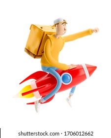 Delivery guy flies on a rocket with urgent order in yellow uniform stands with the big bag. 3d illustration. Cartoon character. Express delivery concept.